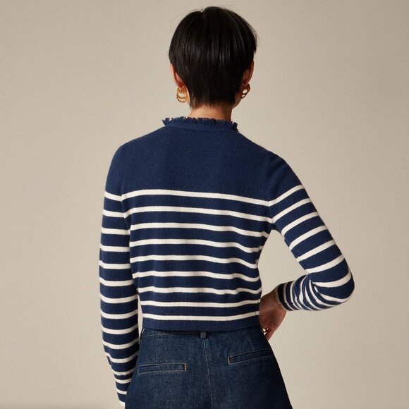 J.CREW 100% Cashmere Fringe-Trim Sweater Lady Jacket Evening Muslin Navy Size XL - Picture 2 of 12